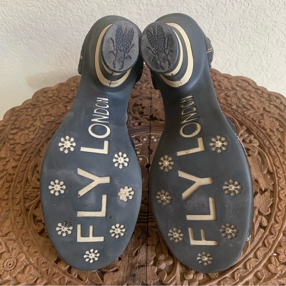 Fly London Black Pebble Leather Studded Mary Jane Open Toe Heels EU Size 36 - Picture 5 of 9